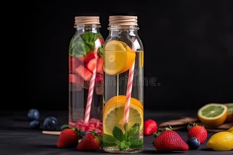 Refreshing Fruitinfused Water in Glass Bottle with Straw Stock Image