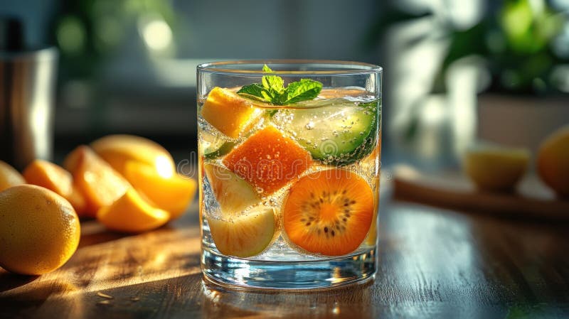 Refreshing Fruit Infused Water with Orange and Kiwi in Glass royalty free illustration
