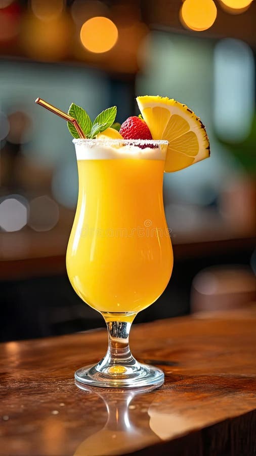Refreshing fruity orange cocktail garnished with orange slice and strawberry, mint leaves with cocktail straw on wooden bar stock illustration