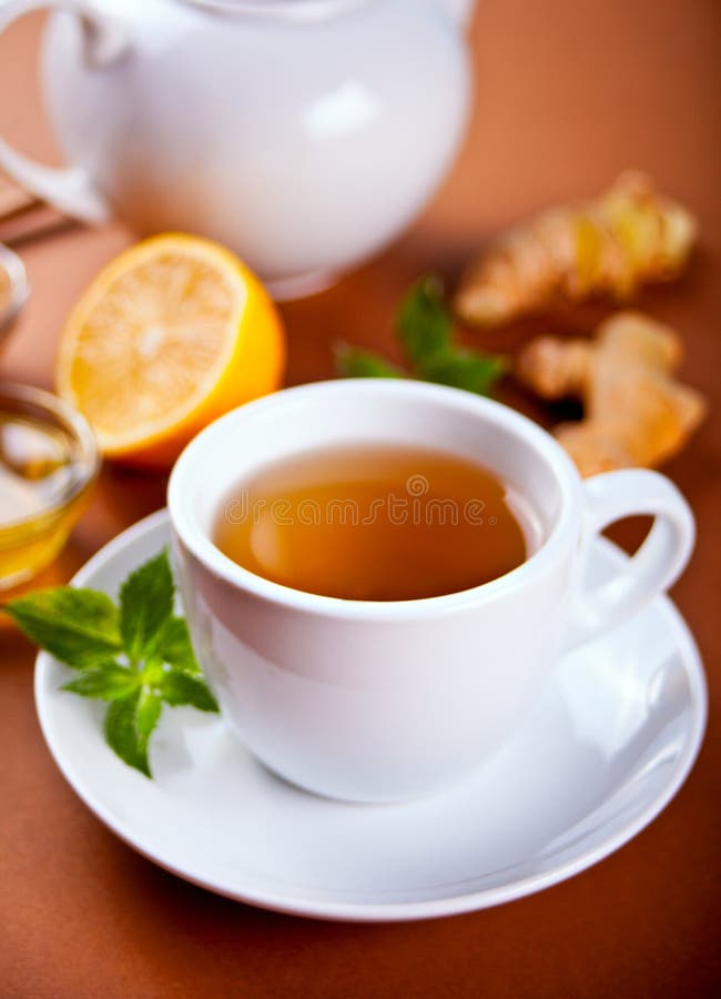 Refreshing Ginger Tea with Lemon, Mint Leaf and Honey Stock Photo
