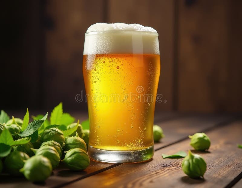 Refreshing Glass of Beer with Hops on Wooden Table stock illustration