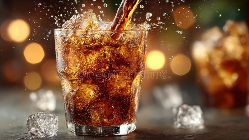 Refreshing glass of cola with ice cubes and sparkling bokeh lights stock illustration