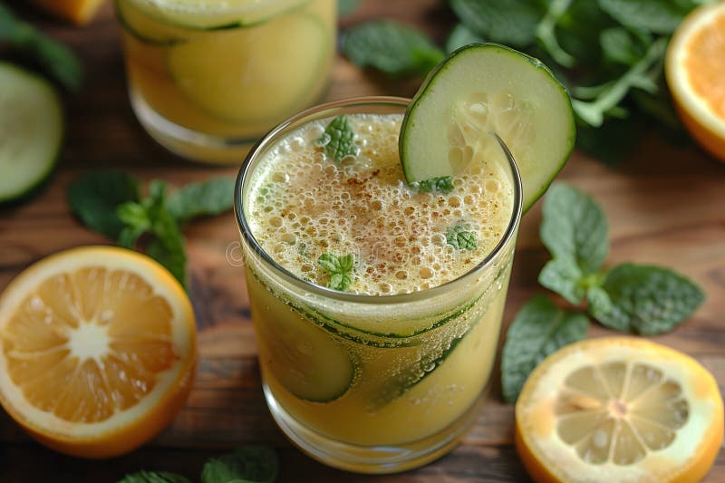 Refreshing Glass of Cucumber and Orange Juice With Oranges and Mint. Generative AI vector illustration
