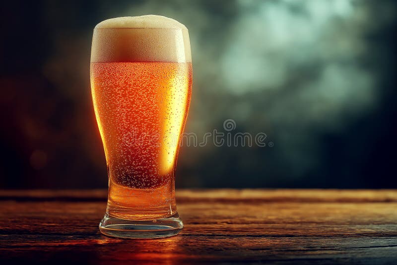 A refreshing glass of golden beer with frothy foam on top, sitting on a rustic wooden table in soft lighting stock illustration