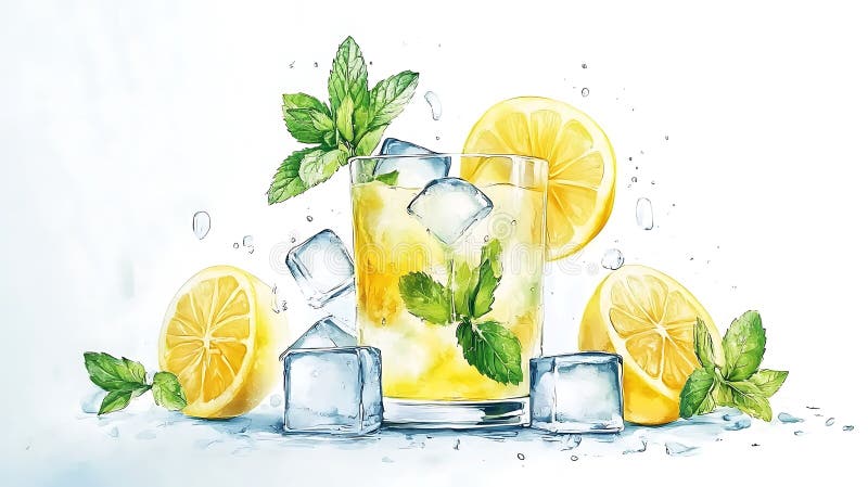 Refreshing glass lemonade ice cubes stock illustration
