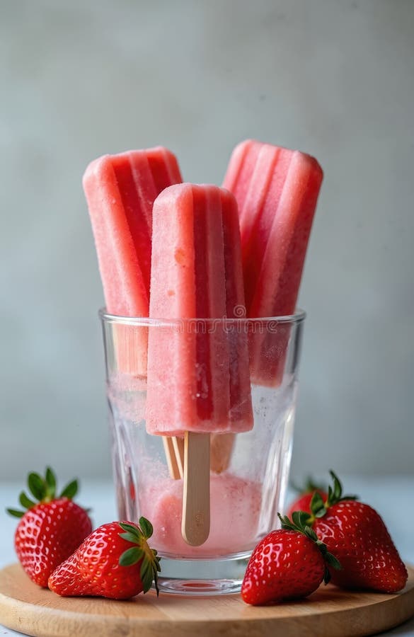 Refreshing homemade strawberry popsicles in glass. Cold summer dessert on wooden board with fresh berries. Delicious frozen stock image