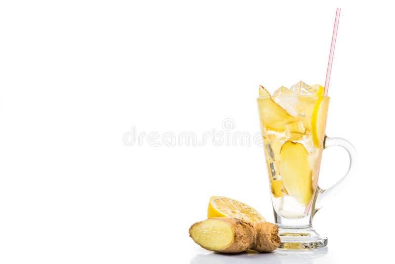 Refreshing ice cold ginger lemon tea in transparent glass