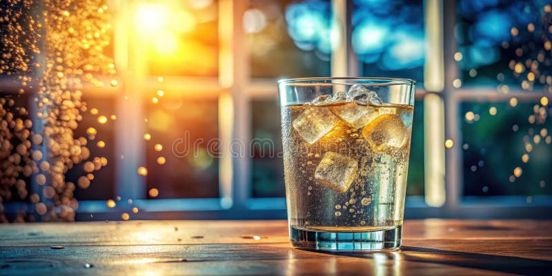 A refreshing iced beverage in a glass, sunlight streams through a window, creating a bubbly, effervescent scene of relaxation and vector illustration