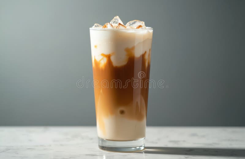 Refreshing iced cafe latte in tall glass. Cold coffee drink with ice cubes, cream and layered with delicious ingredients. Close stock images