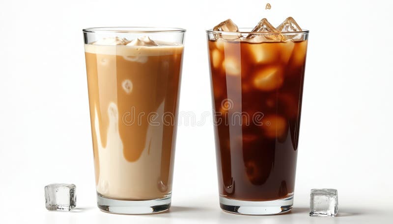 Refreshing iced coffee drink with cream swirl in tall glass. Cold beverage with ice cubes, brown liquid. Tasty refreshment with royalty free stock photo