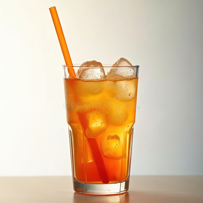 Refreshing iced drink with orange straw in glass. Cold beverage with ice cubes. Drink condensation. Summer refreshment concept. stock photos