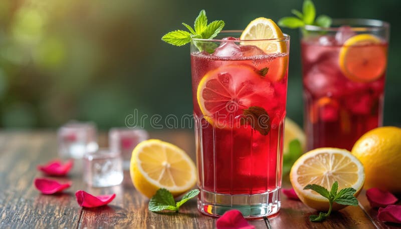 Refreshing iced hibiscus tea with lemon, mint in a glass. Cold drink with fresh citrus, ice cubes, slices on wooden table. Summer royalty free stock images