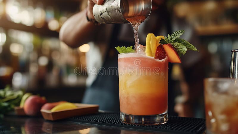 Refreshing Layered Fruit Cocktail Drink With Garnish Of Strawberry Mint And Lemon Slice In Glass stock illustration