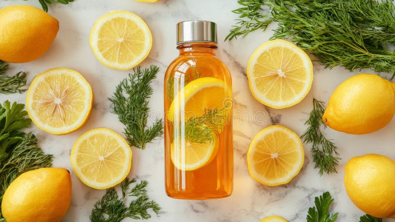 Refreshing Lemon Drink, Flatlay, Marble Surface royalty free stock image