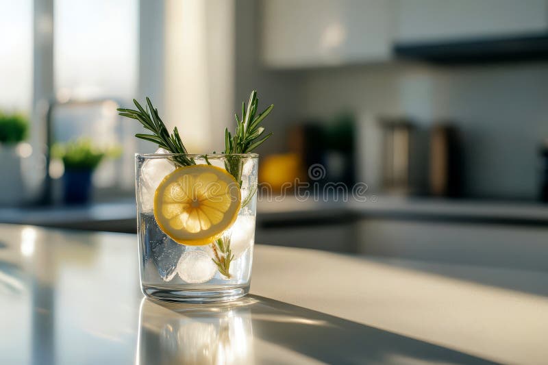 Refreshing lemon drink with ice and sprig of rosemary. royalty free stock photos