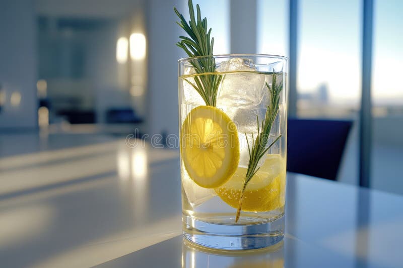 Refreshing lemon drink with ice and sprig of rosemary. stock photography