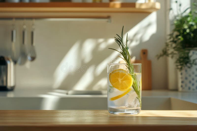 Refreshing lemon drink with ice and sprig of rosemary. stock photo