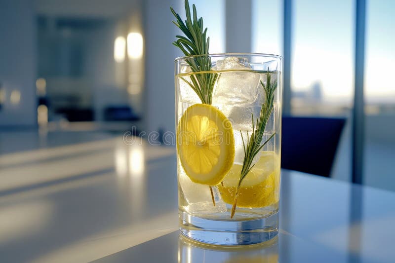 Refreshing lemon drink with ice and sprig of rosemary. royalty free stock images