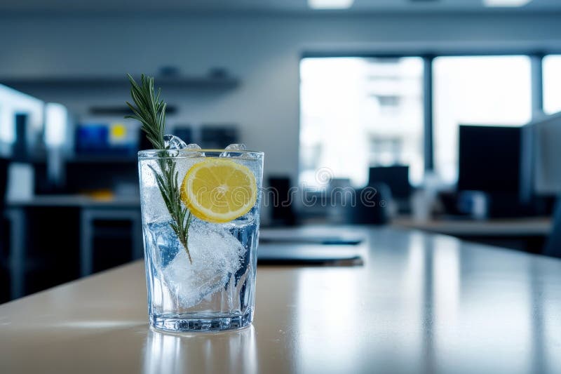 Refreshing lemon drink with ice and sprig of rosemary. royalty free stock image