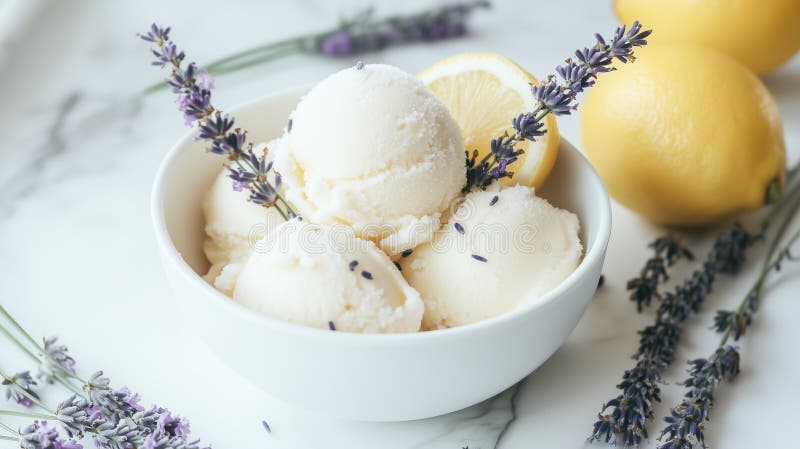 Refreshing Lemon Lavender Sorbet in Bowl stock images