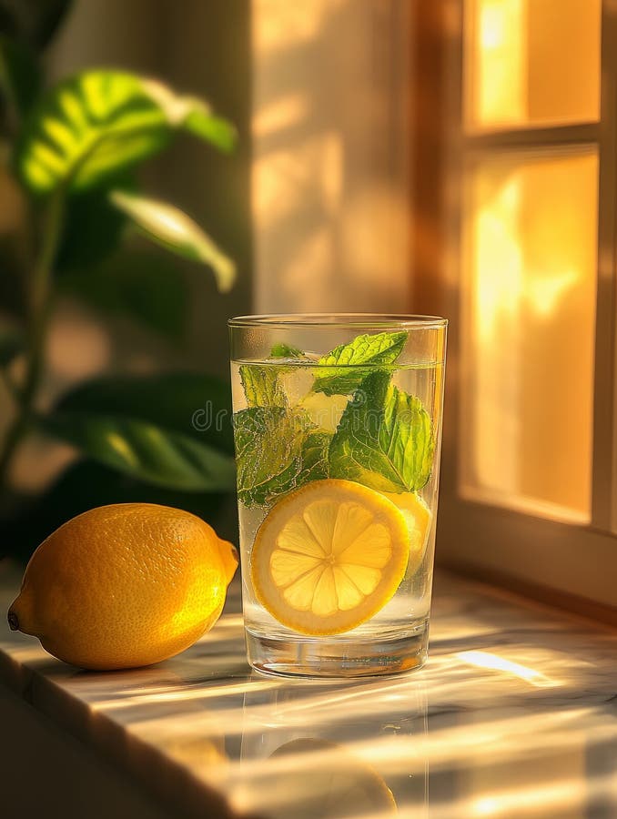 Refreshing lemon mint drink by a sunlit window. royalty free stock photography