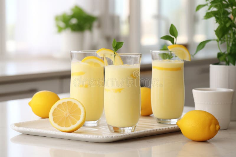 Refreshing lemon smoothie or slushie in tall glasses on the table in white modern kitchen royalty free stock photography