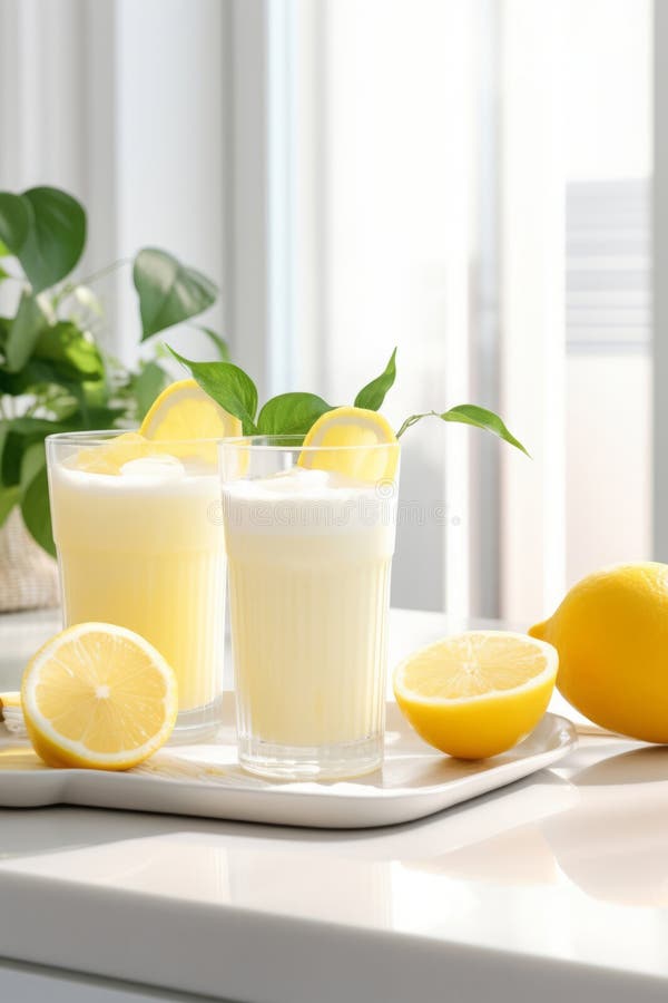 Refreshing lemon smoothie or slushie in tall glasses on the table in white modern kitchen royalty free stock photography