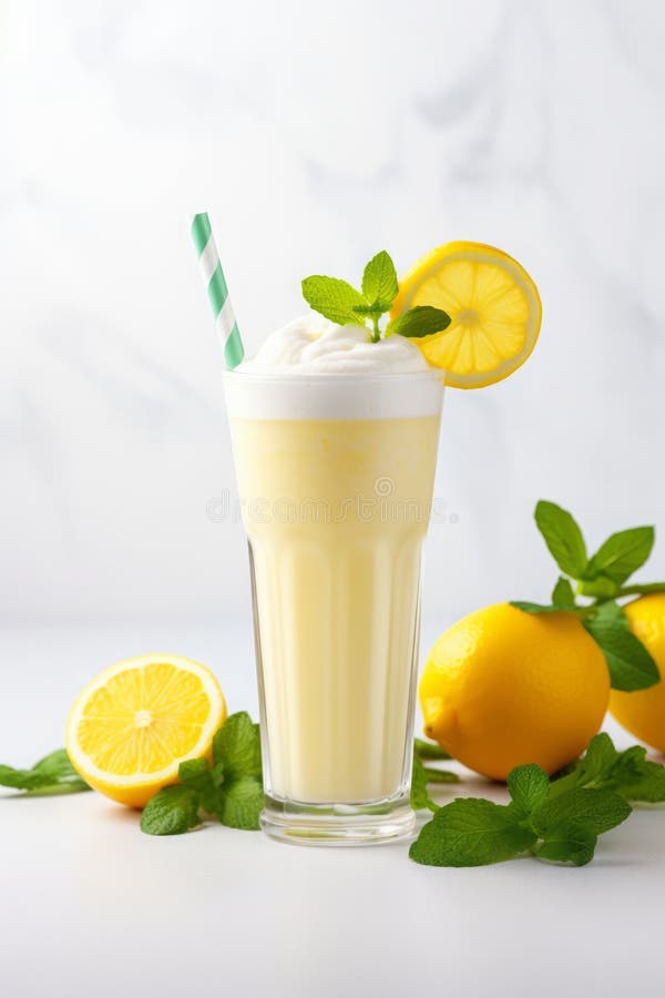 Refreshing lemon smoothie or slushie in tall glass on white table in white modern kitchen royalty free stock photography