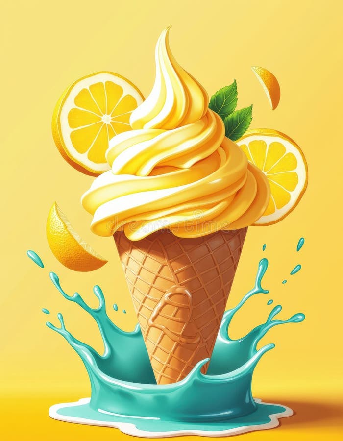 Refreshing lemon soft serve ice cream cone with splashes of water royalty free stock photos