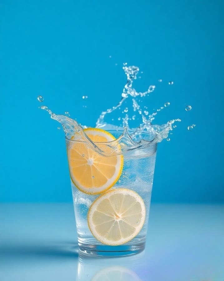 Refreshing Lemon Splash in Clear Glass with Blue Background AI-GENERATED royalty free stock images