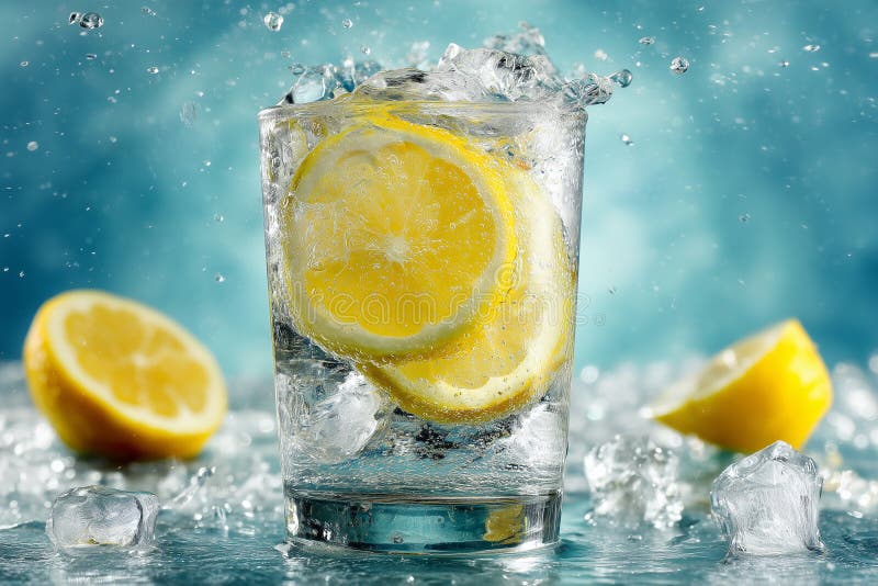 Refreshing Lemon Water with Ice Cubes in Glass royalty free stock photos