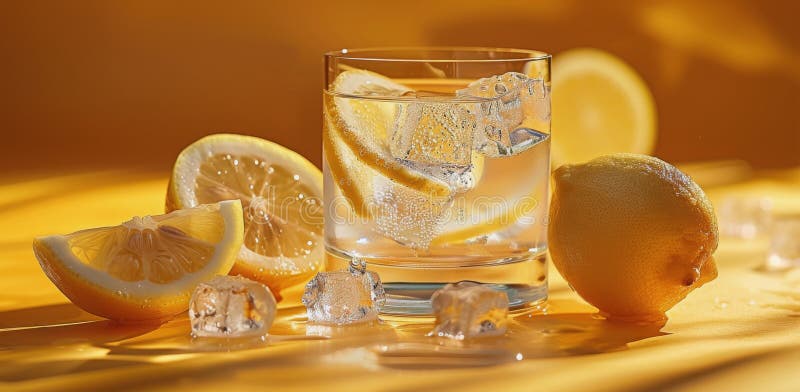 Refreshing Lemon Water With Ice on a Yellow Surface. A glass of lemon water with ice, surrounded by lemon slices and a whole lemon on a yellow surface. AI Generative AI generated