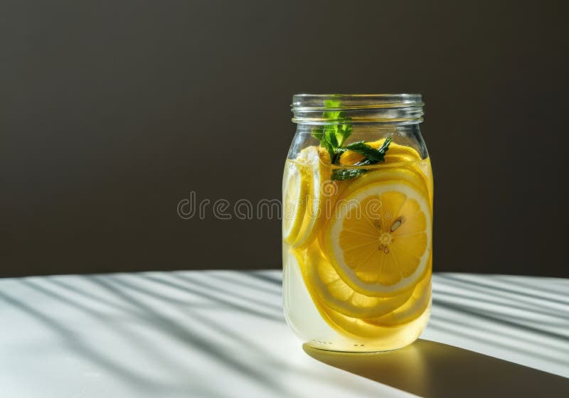 Refreshing lemon water with mint leaves in a glass jar stock image