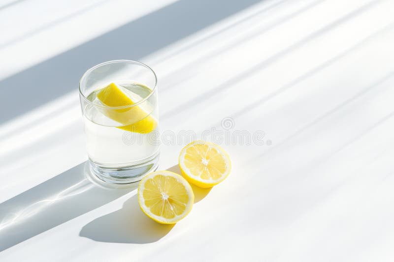 Refreshing lemon water in sunlight on white background royalty free stock image