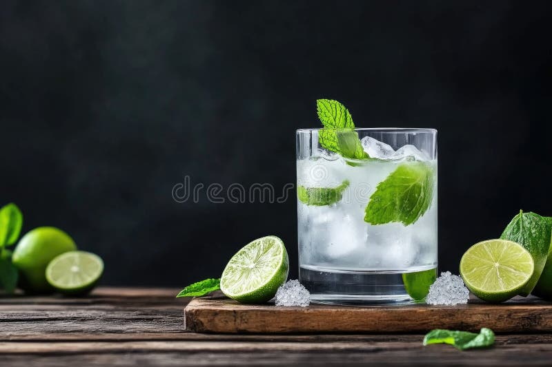 Refreshing lime and mint cocktail with ice on rustic wooden table royalty free stock photography