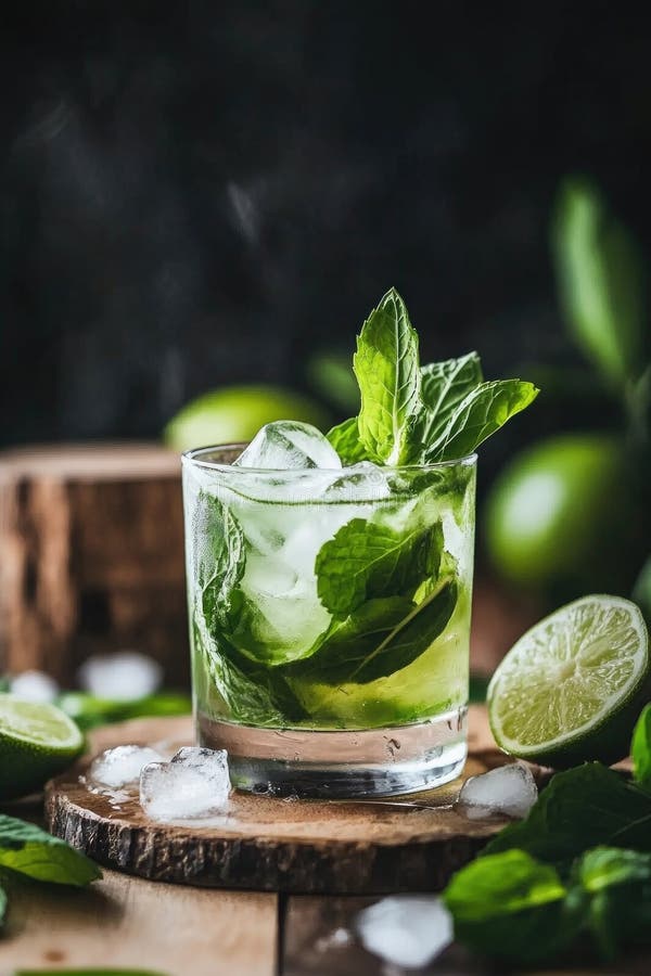Refreshing lime and mint cocktail with ice on rustic wooden table royalty free stock image