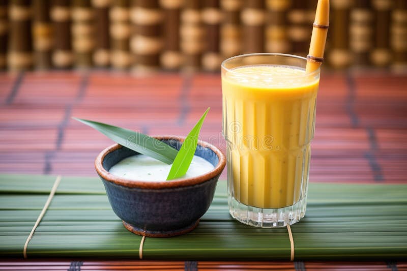 Refreshing Mango Lassi in a Copper Cup with a Bamboo Background Stock