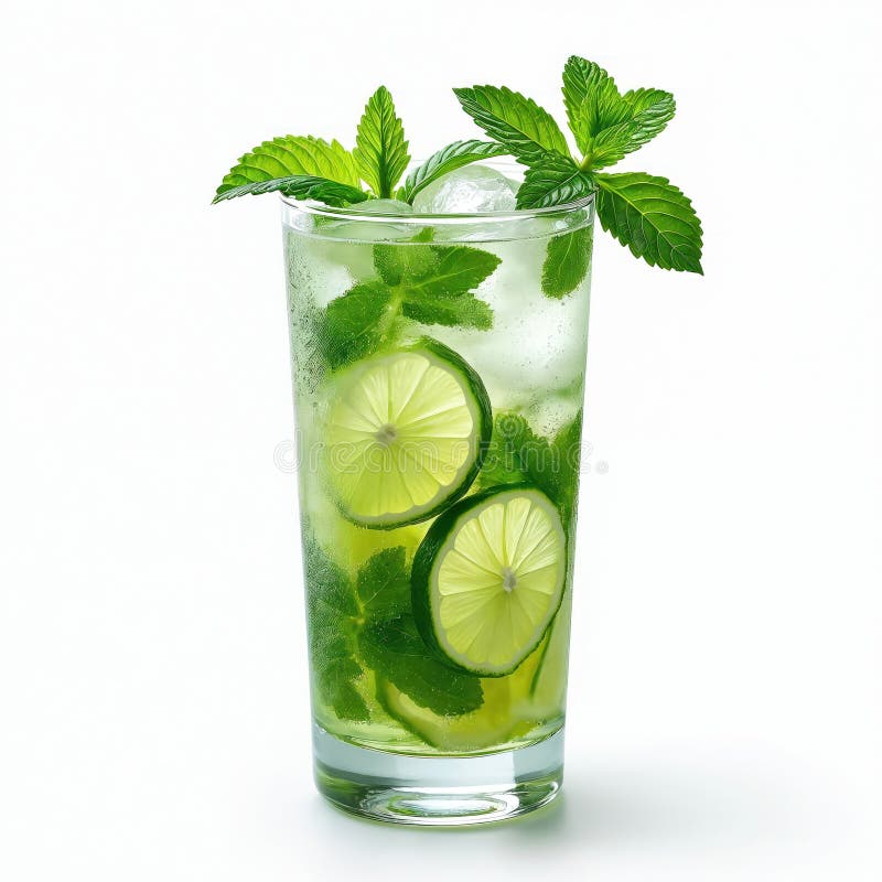 Refreshing mojito cocktail with mint leaves, lime slices, ice cubes in tall glass. Cold, alcoholic beverage on white backdrop. royalty free stock images