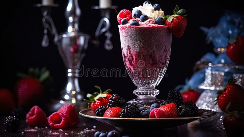 Refreshing Raspberry Juice in Elegant Crystal Goblet. A refreshing fruit juice served in a tall crystal goblet, elegantly showcasing vibrant raspberries. This visually striking drink symbolizes health and vitality, making it an ideal choice for a refreshing treat