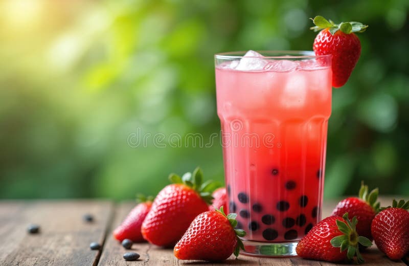 Refreshing strawberry bubble tea served in glass. Cold drink with tapioca pearls, ice cubes, ripe red strawberries on wooden royalty free stock photos