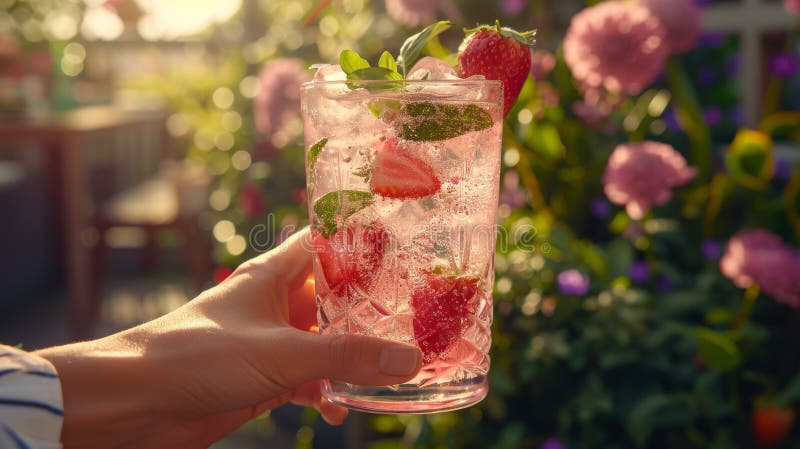 Refreshing strawberry mint beverage served in a glass with vibrant flowers in the background stock illustration