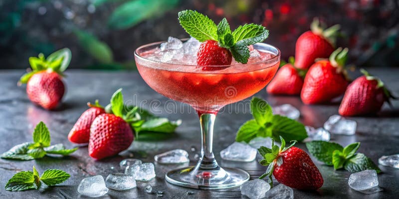 Refreshing strawberry mint cocktail in a coupe glass. Generative AI vector illustration