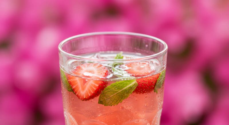 Refreshing Strawberry Mint Cocktail in Glass with Pink Floral Background royalty free illustration