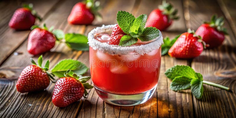 Refreshing strawberry mint cocktail with ice on rustic wood. Generative AI stock illustration