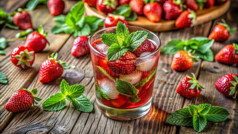 Refreshing Strawberry Mint Cocktail A Rustic Delightful Sip stock illustration