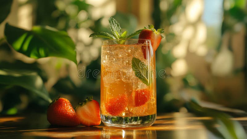 Refreshing Strawberry Mint Cocktail in Sunlight stock illustration