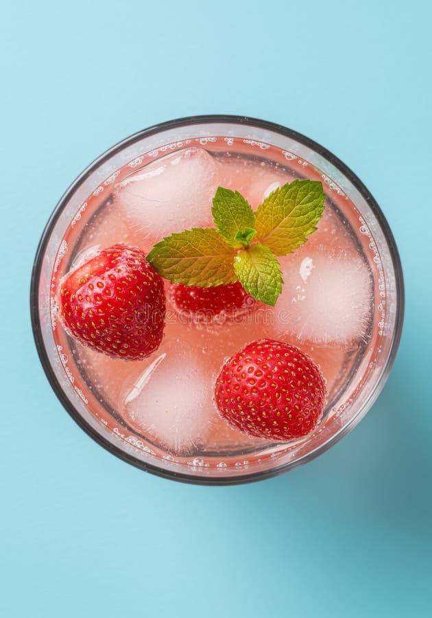 Refreshing Strawberry Mint Drink with Ice in Glass royalty free illustration