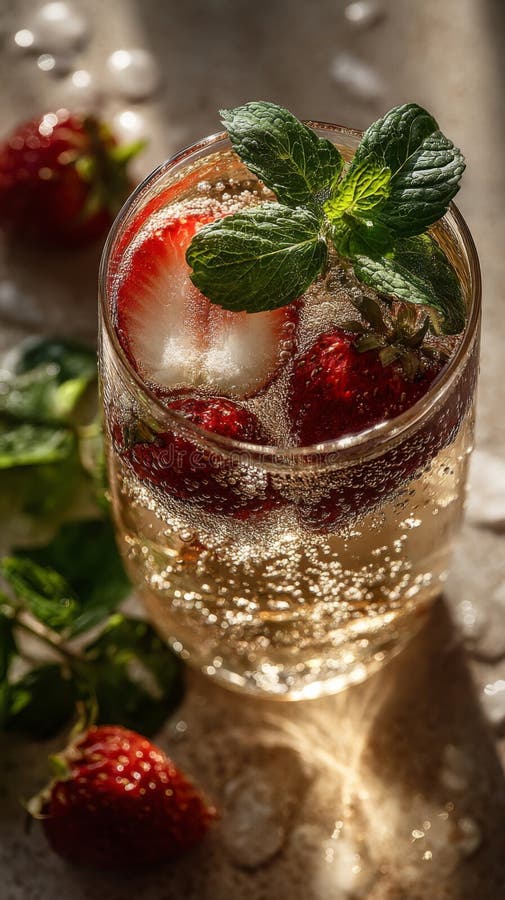 Refreshing Strawberry Mint Fizz Cocktail in Glass stock illustration