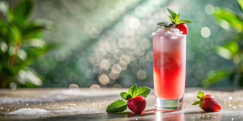 Refreshing strawberry mint fizz cocktail on a sunny day. Generative AI royalty free illustration