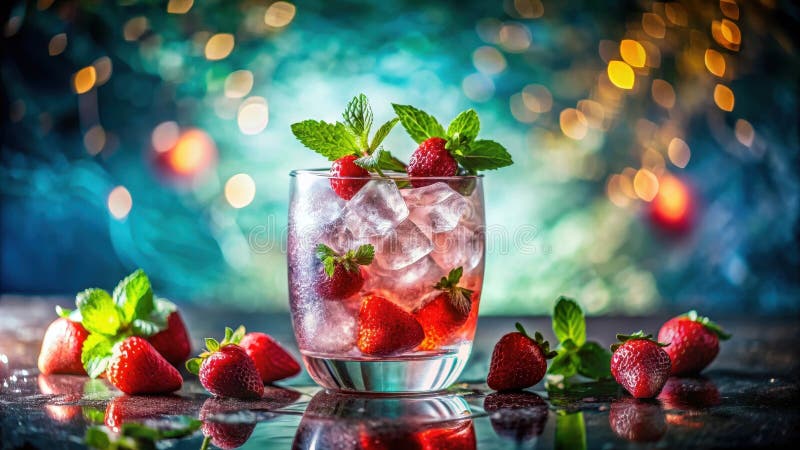Refreshing strawberry mint ice drink with sparkling background. Generative AI royalty free illustration